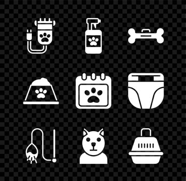 Tüylü evcil hayvan, evcil hayvan şampuanı, köpek kemiği, kedi oyuncağı, kedi, çanta taşı, yemek kasesi ve takvim tımar ikonu. Vektör