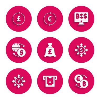 Bozuk para parasını pound, ATM ve kripto para değişimi, dolar, hisse, ağ, Yen, para ve simge ile ayarla. Vektör
