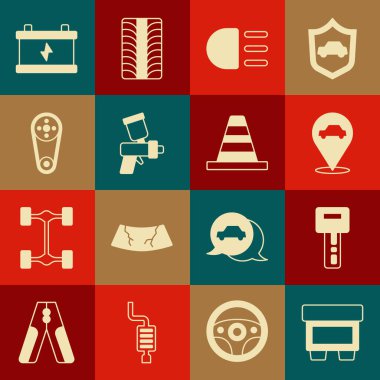 Sigortayı ayarla, uzaktan kumandalı araba anahtarı, konum araba servisi, yüksek ışın, boya spreyi, zaman ayarlı kemer kiti, akü ve trafik konisi simgesi. Vektör