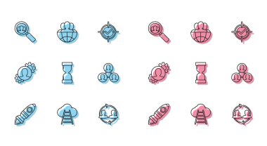 Roket gemisini ateşle, Merdiven buluta, arama ekipleri için büyüteç, insan kaynakları, kum saati, Proje ekibi üssü, ekipman içeride ve Globe simgesi. Vektör