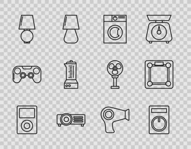 Set hattı müzik çalar, uzaktan kumanda, çamaşır makinesi, masa lambası, blender, saç kurutma makinesi ve banyo ikonu. Vektör