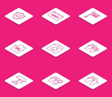 Satır Evi 'ni kalkanlı ayarla, imzalı metni online kirala, sat, indirimli etiketi, karton kutu evi, dolar sembolü, masa lambası ve arama simgesi. Vektör