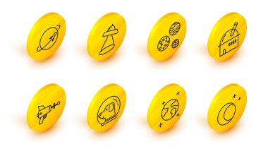 Ay 'ı ve yıldızları Astronot miğferli Dünya Köpeği' ni ayarla. Astronomik Gözlemevi Gezegen UFO uzay gemisi ve ikonu. Vektör.