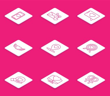 Cep telefonunu kalp zarfı gibi ve kalp kanatları gibi ayarlayın. Harita işaretleyiciyi hedef alan dart merkezi, hedef el ve bilgisayar monitörü simgesi. Vektör.