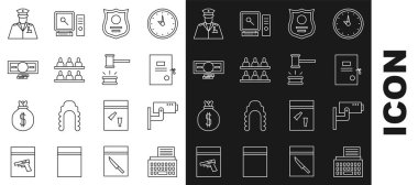 Retro daktilo, güvenlik kamerası, dava kağıdı, polis rozeti jüri, para memuru ve Yargıç Gavin ikonu. Vektör.