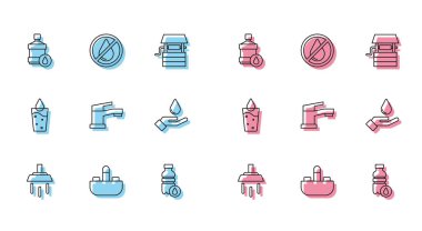 Duş lavabosunu su musluğuyla doldurun. Büyük bir şişe temiz su. Ellerinizi yıkayın. Vektör.