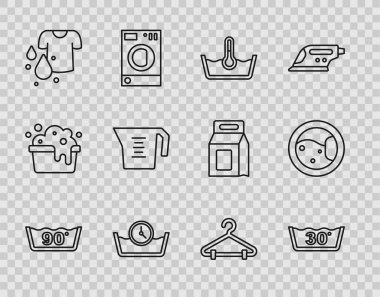 Sıcaklık, Zaman, Kirli tişört, Ölçme kabı, Askı dolabı ve Yıkama ikonu ayarlayın. Vektör