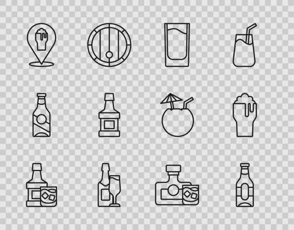 设定系列威士忌瓶子和玻璃杯 酒精或啤酒酒吧位置 和杯子图标 — 图库矢量图片