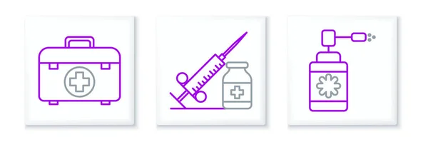 Set Line Medizinische Flasche Mit Düsenspray Verbandskasten Und Spritzennadel Und — Stockvektor