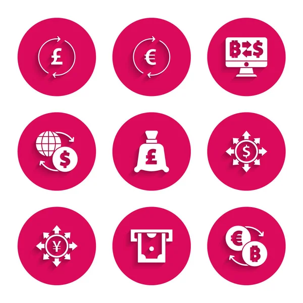 Bozuk para parasını pound, ATM ve kripto para değişimi, dolar, hisse, ağ, Yen, para ve simge ile ayarla. Vektör