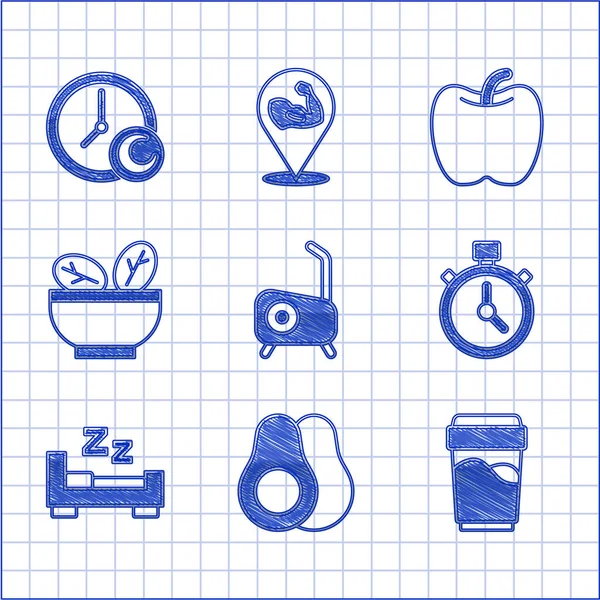 采购产品固定自行车 鳄梨果 杯子与水 停止手表 时间睡眠 沙拉碗 苹果和图标 — 图库矢量图片