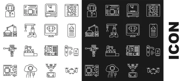 设定直线无人机与动作相机智能家庭3D打印机装配线工业机器机器人手臂工人和机器人图标 — 图库矢量图片