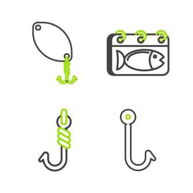 Olta oltası, balık ve kaşık ikonlu takvim. Vektör