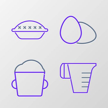 Ölçüm kabı, fırın hamuru, tavuk yumurtası ve ev yapımı turta ikonu. Vektör