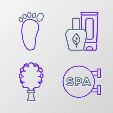 Set hattı Spa salonu, sauna süpürgesi, krem tüpü ve ayak masajı ikonu. Vektör