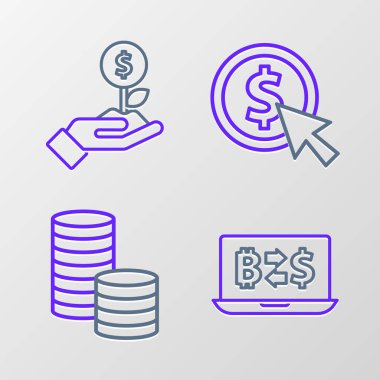 Kripto para değişimi, dolarla para bozdurma ve dolar bitkisi ikonu. Vektör
