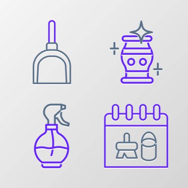 Sıra Temizlik takvimi, su püskürtme şişesi, vazo ve faraş ikonu. Vektör