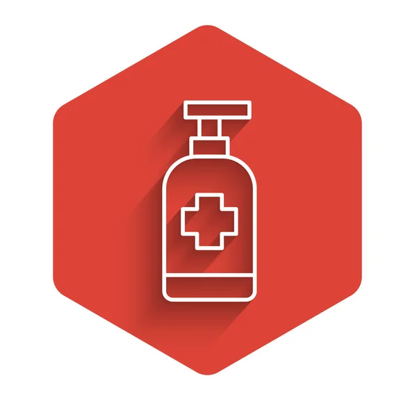 白线瓶液体抗菌肥皂与配药图标隔离长阴影背景 防腐剂消毒 护肤红色六角形按钮 — 图库矢量图片