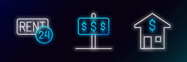 Set Line House Dollar Rent Icon Glowing Neon Vector — Stock Vector