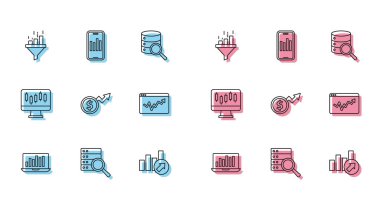 Çizgi dizüstü bilgisayarı grafik grafiği sunucu satış hunisi Finansal büyüme dolar Graph bilgi borsası grafikleri ve mobil simgesi ile ayarla. Vektör.