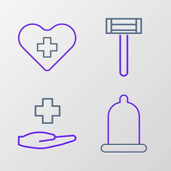 Nastavit Čáru Kondom Cross Nemocnice Lékařské Holení Břitva Srdce Křížem — Stockový vektor