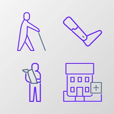 Hat hattı tıbbi hastane binası kırık insan kolu protez bacağı ve kör insan sopası ikonu. Vektör.