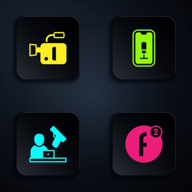 Film kamerası görüntülerini ve mobil kayıtları oluşturun. Siyah kare düğme. Vektör.