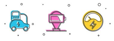 Elektrikli araba aküsü ve voltmetre simgesini ayarla. Vektör.