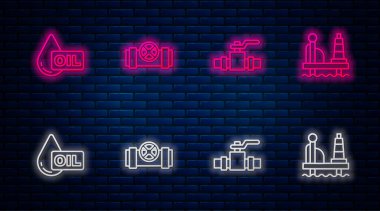 Metalik borular ve vanalar, yağ damlaları ve denizdeki platformları ayarlayın. Tuğla duvarda parlayan neon simgesi. Vektör.