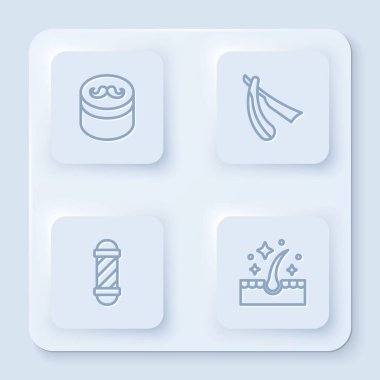 Jöle ya da balmumunu düz jilet stili için ayarla. Klasik berber dükkânı direği ve yağ bakımı. Beyaz kare düğme. Vektör.