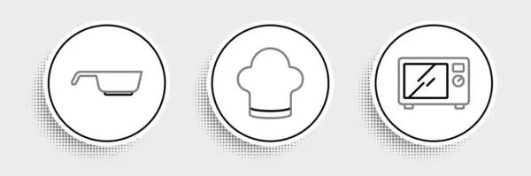Definir Linha Forno Microondas Frigideira Ícone Chapéu Chef Vetor — Vetor de Stock