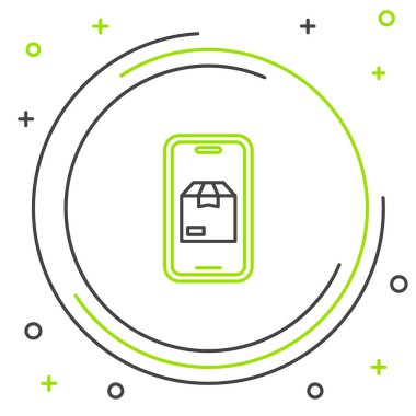 Uygulama dağıtım simgesine sahip, beyaz arkaplanda izole edilmiş mobil telefon hattı. Paket takibi. Renkli taslak konsepti. Vektör.