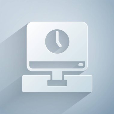 Kağıt kesiği Bilgisayar monitörü zaman simgesi gri arkaplanda izole edildi. Elektronik cihaz. Ön manzara. Kağıt sanatı tarzı. Vektör.