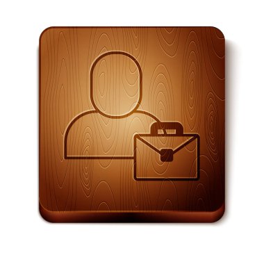 Kahverengi Freelancer simgesi beyaz arkaplanda izole edildi. Evinde dizüstü bilgisayarla çalışan serbest çalışan bir adam. Çevrimiçi iş, uzak iş kavramı. Tahta kare düğme. Vektör.