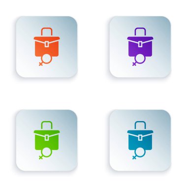 Beyaz arka planda izole edilmiş kadın simgesi için renk çalışması. İş kadını işi. Kare düğmelere renkli simgeleri yerleştir. Vektör.