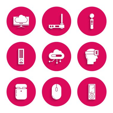 Bilgisayar faresi müzik çalar Sanal gerçeklik gözlükleri hava kulaklıkları video oyun konsolu Gamepad ve ekran simgesini görüntüle. Vektör.