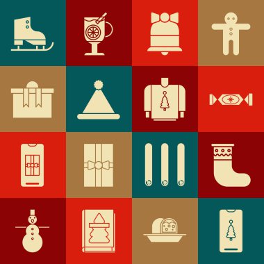 Akıllı telefonu hediye kutusuyla Noel çorabıyla Candy Merry zil Noel Baba şapkası Noel Baba figürü patenler ve süveter ikonu ile ayarla. Vektör.