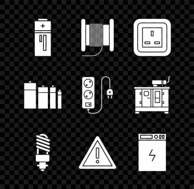 Batarya teli elektrik kablosunu makara ya da davul elektrik prizi LED ampul ünlem işaretini üçgen güç bankasında ve uzatma kablosu simgesinde ayarla. Vektör.
