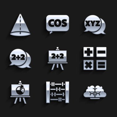 Tebeşir tahtası abaküs insan beyin hesap makinesini diyagram çözeltisi XYZ koordinat sistemi ve Geometrik şekil koni simgesi ile ayarla. Vektör.