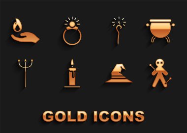 Mum Cadı Kazanı Voodoo bebek şapkası Neptune Trident Magic Hand 'e yanan mum koyun ve taş yüzüğü mücevher ikonuyla tutun. Vektör.