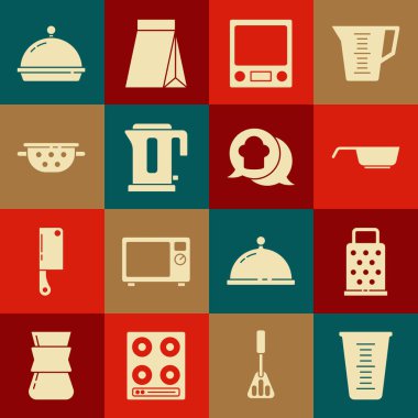 Bir tepsi yemek ve Şef şapkası baloncuk ikonu ile kaplı elektrikli tencere kevaşesi kevaşesini ölçme kabı rendelendirme kabı elektronik ölçeklendirme ayarlayın. Vektör.