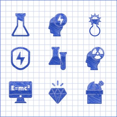 Test tüpü ve matara Diamond Astronomik Gözlemevi baş radyasyon sembolü Denklem çözeltisi kalkanını yıldırım ve ikonla ayarla. Vektör.