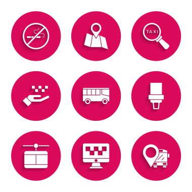 Otobüs bilgisayarı taksi durağını otobüs emniyet kemeri kablolu araba el büyüteci ve sigara içilmeyen ikon ile ayarla. Vektör.