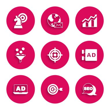 Hedef SEO optimizasyon Öncü Yönetim Finansal büyüme artışı ve Satranç simgesini ayarla. Vektör.