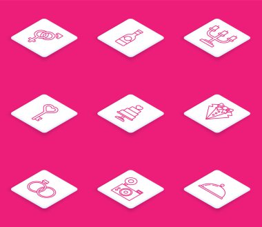 Cins Şampanya Şampanyası Şişe Anahtarı kalp şeklinde düğün pastası, takım elbise yüzükler ve fotoğraf makinesi ikonu. Vektör.