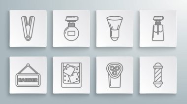 Berber dükkanı kremi ya da losyon kozmetik tüpü viski ve buz küpleri elektrikli saç tıraş makinesi klasik tıraş makinesi tıraş fırçası ve ikon için saç maşası. Vektör.