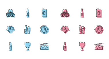 Bira şişesi Tavuk budu Wooden fıçısını durdurulmuş müzik aleti davul ve bagetler cam şişe kapağı simit ve ikon ile dizin. Vektör.