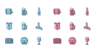 Müzik aleti akordeon ahşap fıçı rafını bira bardakları, tabela camları ve sabıka simgesi ile ayarla. Vektör.