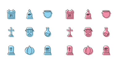 Mezar taşını haç şeklinde Balkabağı Takvimi Cadılar Bayramı tarihi 31 Ekim RIP Zombi Maskesi İksiri ve ikonu ile ayarla. Vektör.