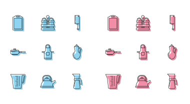 Kesme tahtası mutfak önlüğü, zeytinyağı kızartma tavası ve tuzlu biber ikonuyla ölçü kabı ısıtıcısını ayarlayın. Vektör.